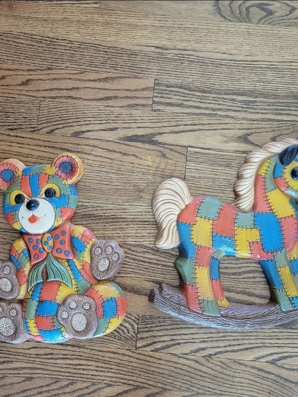 Vintage Multicolor Patchwork Teddy Bear & Rocking Horse Kids Toy Wall Decor Set